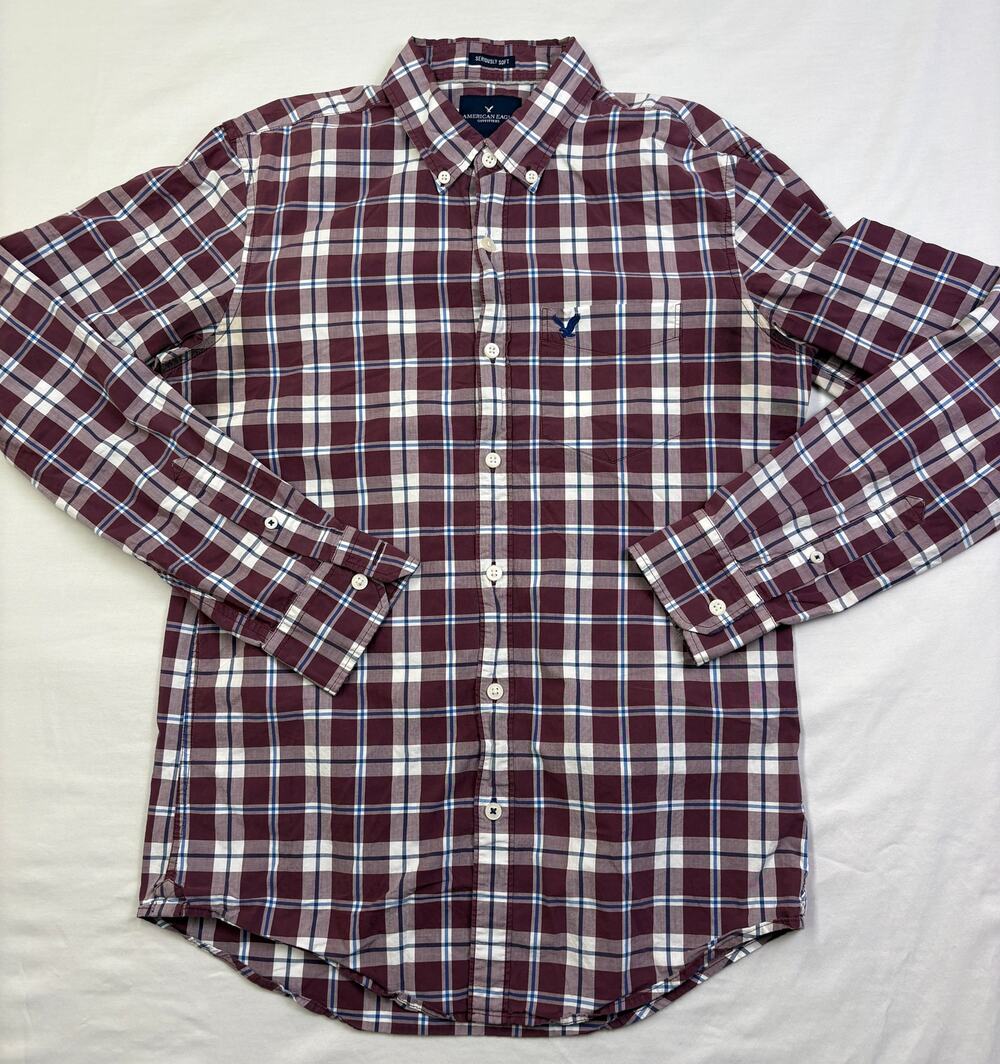 American Eagle Men's Small Seriously Soft Burgundy Plaid Button Down Shirt